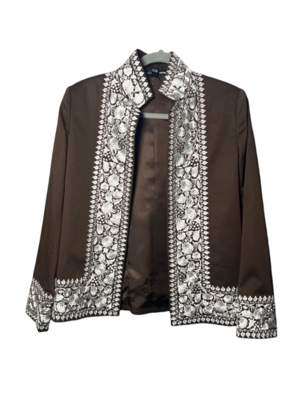 Vintage Boho Chic Embroidered Brown Satin Open Front Jacket Blazer